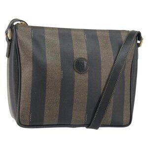 Authentic FENDI Pecan Canvas Shoulder Bag PVC Black Brown gold